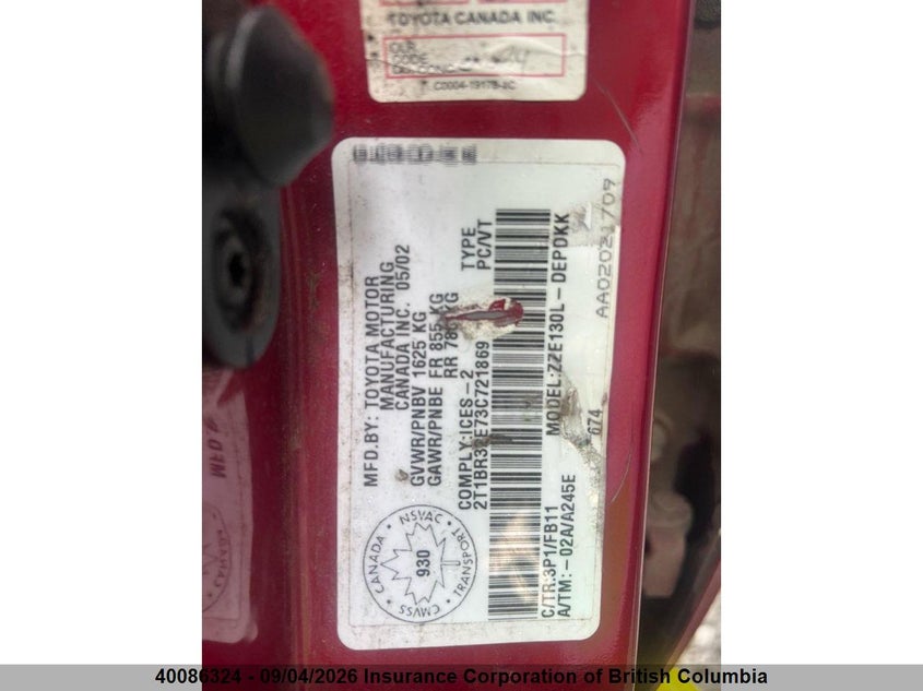 2003 TOYOTA COROLLA SEDAN 1.8L I4 FI DOHC 16V F4