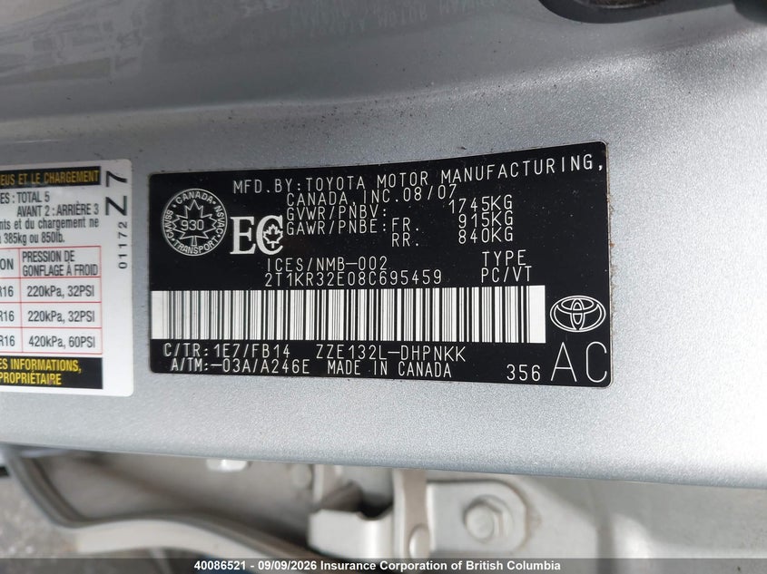 2008 TOYOTA MATRIX HATCHBACK 1.8L I4 FI DOHC 16V F4