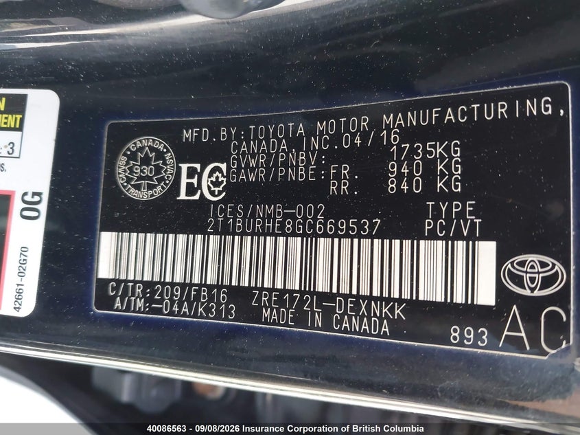 2016 TOYOTA COROLLA SEDAN 1.8L I4 FI DOHC 16V NF4