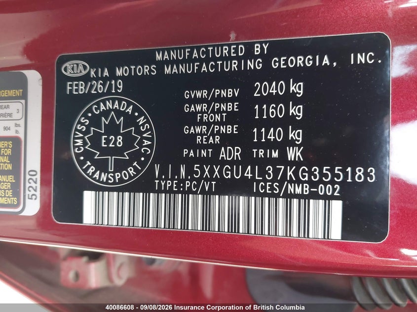 2019 KIA OPTIMA SEDAN 2.4L I4 FI DOHC 16V NF4