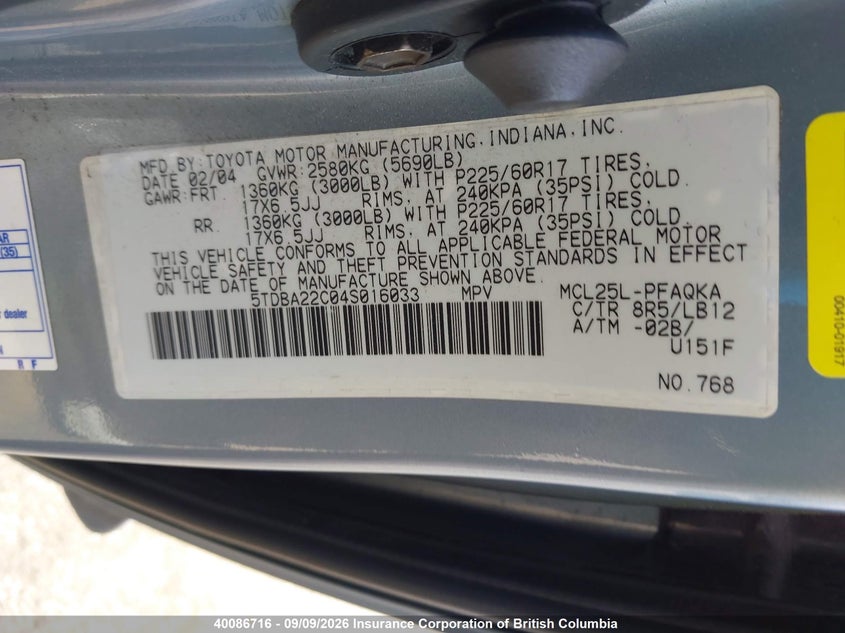 2004 TOYOTA SIENNA VAN 3.3L V6 FI DOHC 24V F4