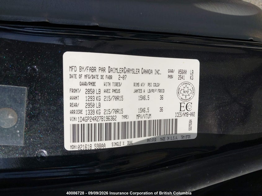 2007 DODGE CARAVAN VAN 3.3L V6 FI OHV F2