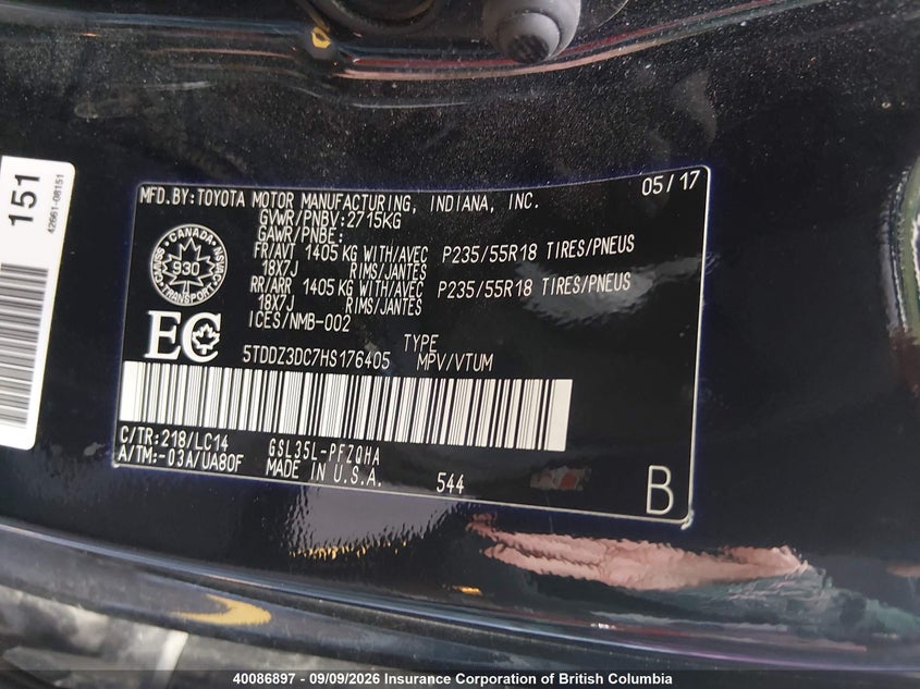 2017 TOYOTA SIENNA VAN 3.5L V-6 DI, DOHC, VVT, 296HP