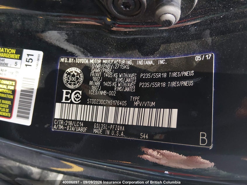 2017 TOYOTA SIENNA VAN 3.5L V-6 DI, DOHC, VVT, 296HP