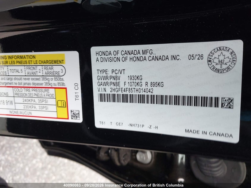 2026 HONDA CIVIC VIN 2HGFE4F85TH014042 — фото 9