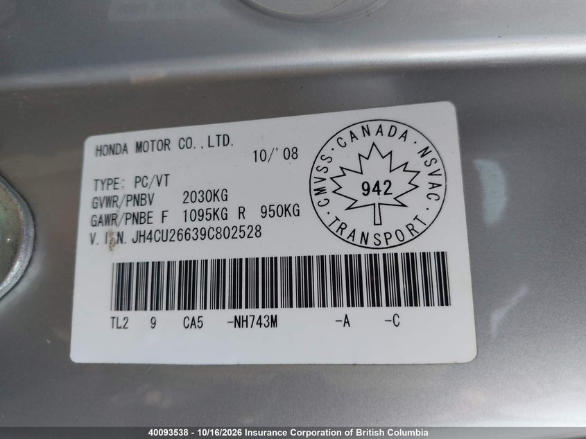 2009 Acura Tsx VIN: JH4CU26639C802528 Lot: 40093538
