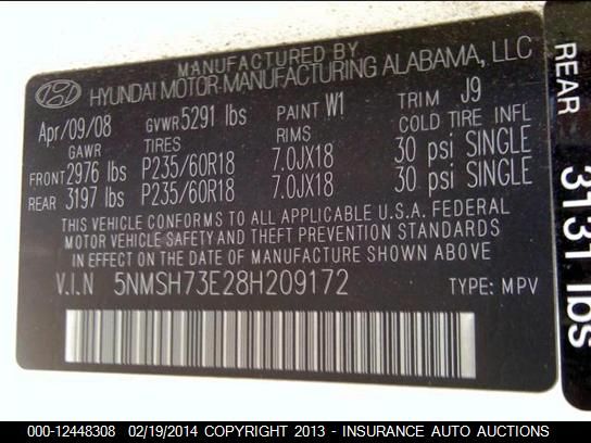2008 Hyundai Santa Fe Se/Limited Awd VIN: 5NMSH73E28H209172 Lot: 12448308