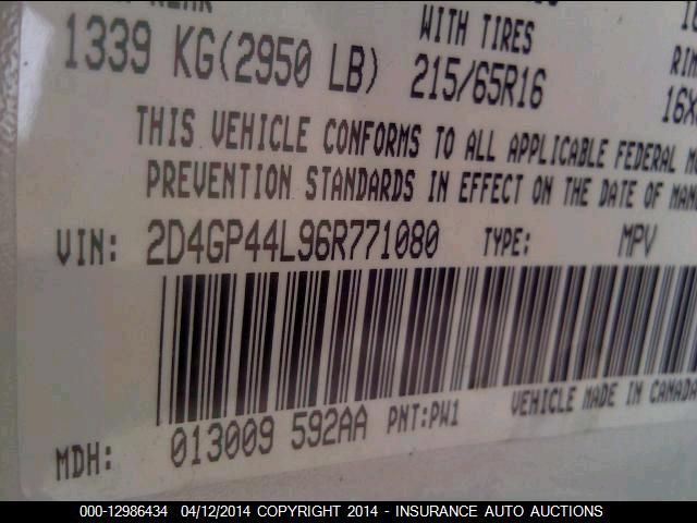 2006 Dodge Caravan Grand Caravan Sxt VIN: 2D4GP44L96R771080 Lot: 12986434