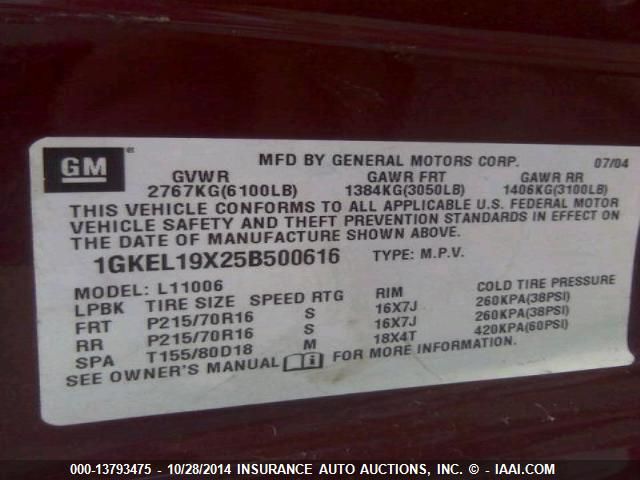 2005 GMC Safari VIN: 1GKEL19X25B500616 Lot: 13793475