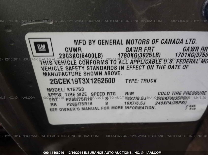 1999 Chevrolet Silverado K1500 VIN: 2GCEK19T3X1262600 Lot: 14166046