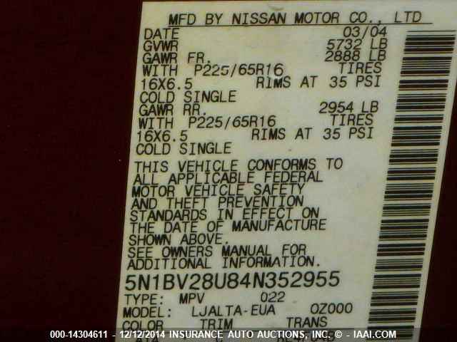 5N1BV28U84N352955 2004 Nissan Quest 3.5 Sl