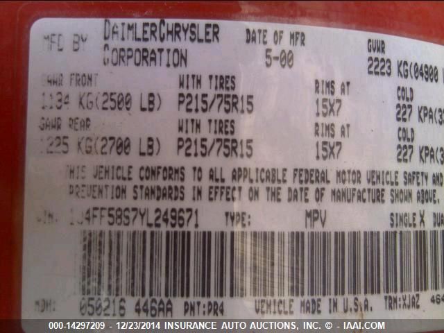 2000 Jeep Cherokee Classic VIN: 1J4FF58S7YL249671 Lot: 14297209