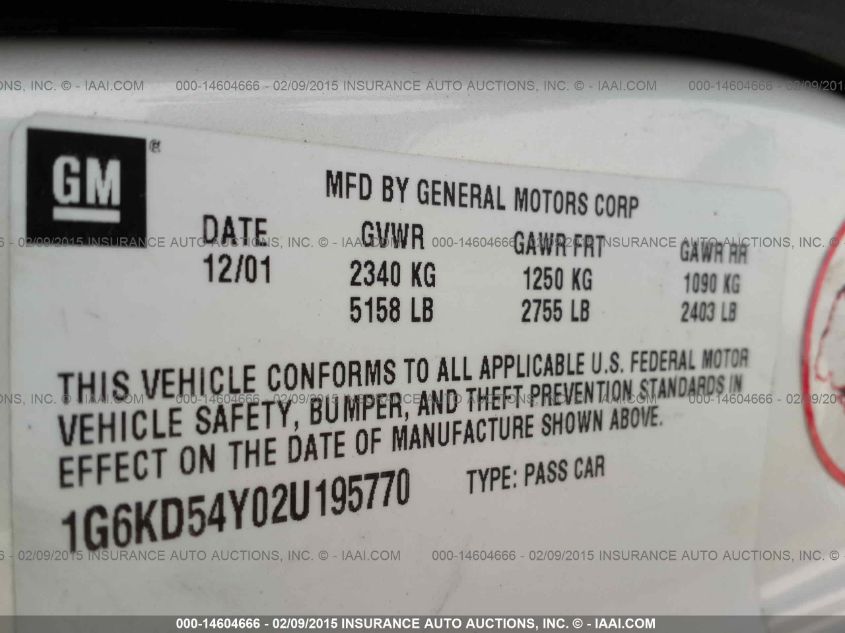 2002 Cadillac Deville VIN: 1G6KD54Y02U195770 Lot: 14604666