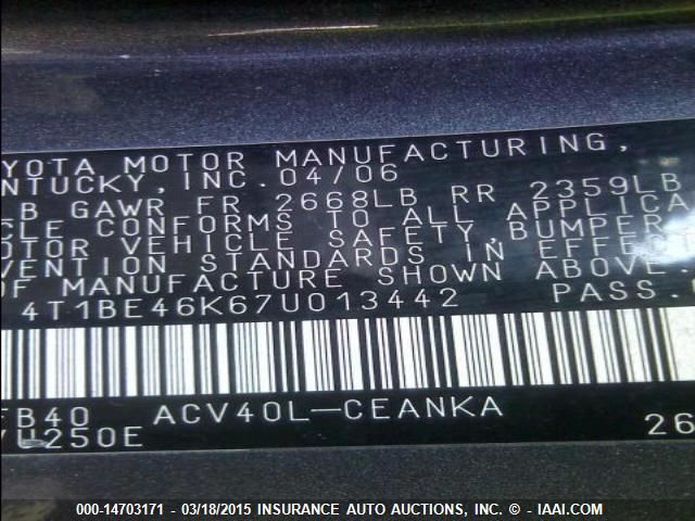 2007 Toyota Camry Ce/Le/Xle/Se VIN: 4T1BE46K67U013442 Lot: 14703171