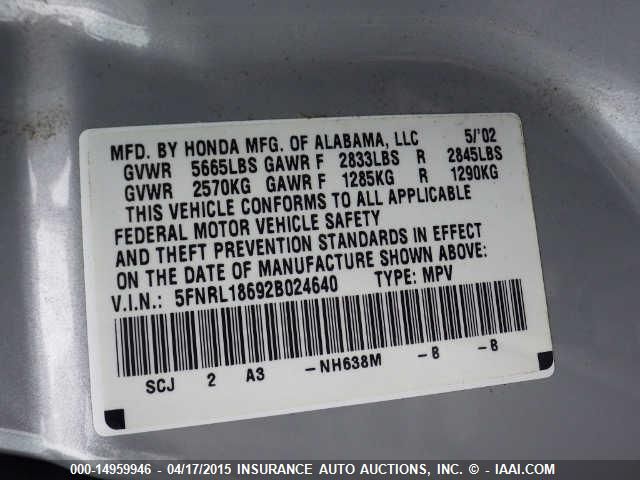 2002 Honda Odyssey (U.s.) Ex VIN: 5FNRL18692B024640 Lot: 14959946