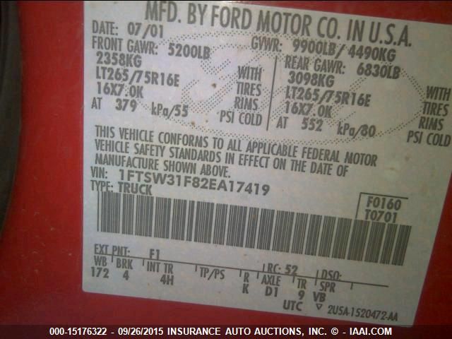 2002 Ford Super Duty F-350 Srw Xlt/Lariat/Xl VIN: 1FTSW31F82EA17419 Lot: 15176322