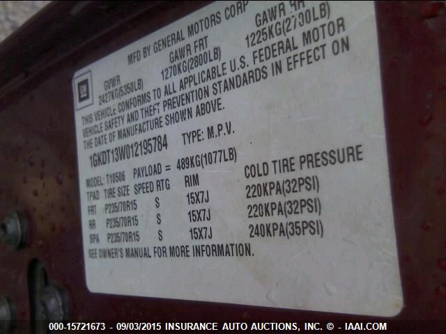 2001 GMC Jimmy VIN: 1GKDT13W012195784 Lot: 15721673