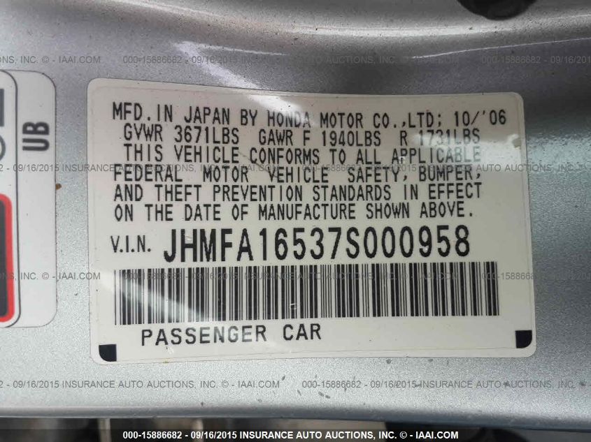 JHMFA16537S000958 2007 Honda Civic Lx