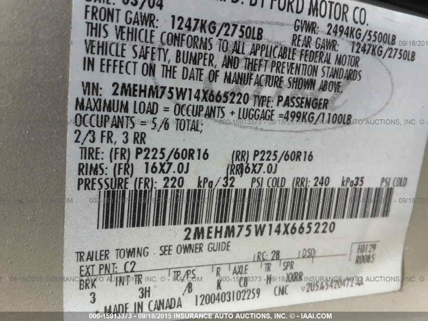 2004 Mercury Marquis Grand Marquis Ls VIN: 2MEHM75W14X665220 Lot: 15913373