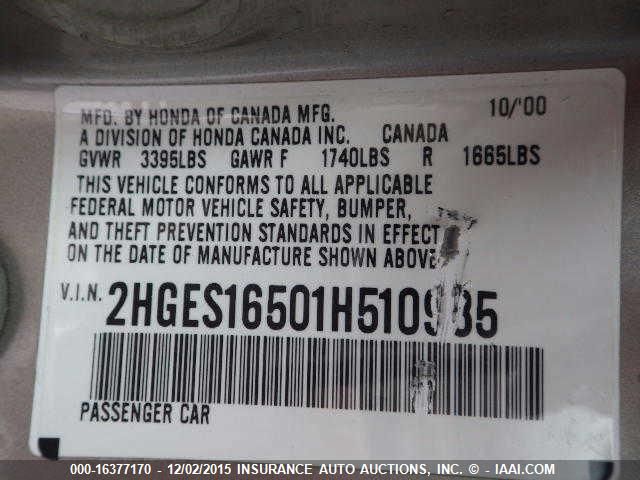 2001 Honda Civic Lx VIN: 2HGES16501H510985 Lot: 16377170