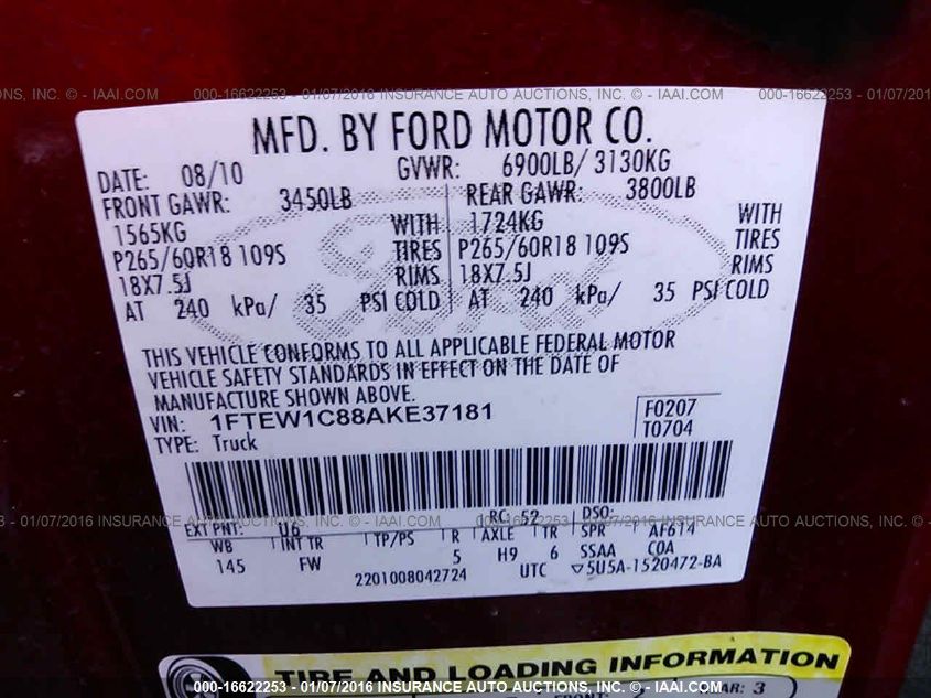 2010 Ford F-150 Xl/Xlt VIN: 1FTEW1C88AKE37181 Lot: 16622253