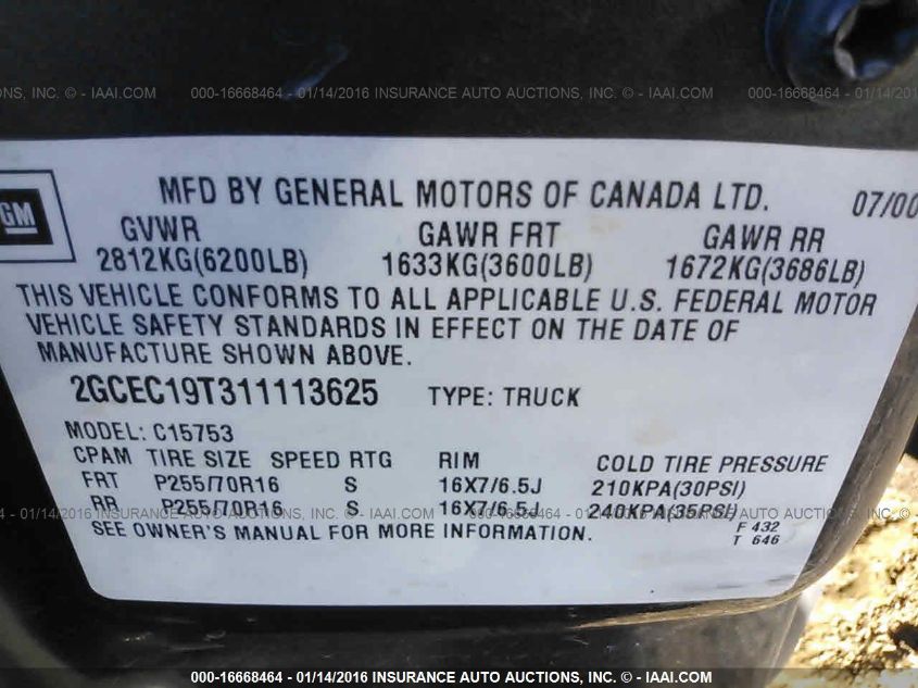 2001 Chevrolet Silverado 1500 Ls VIN: 2GCEC19T311113625 Lot: 16668464