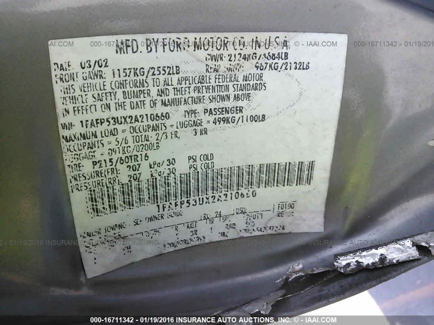 1FAFP53UX2A210660 2002 Ford Taurus Se Standard