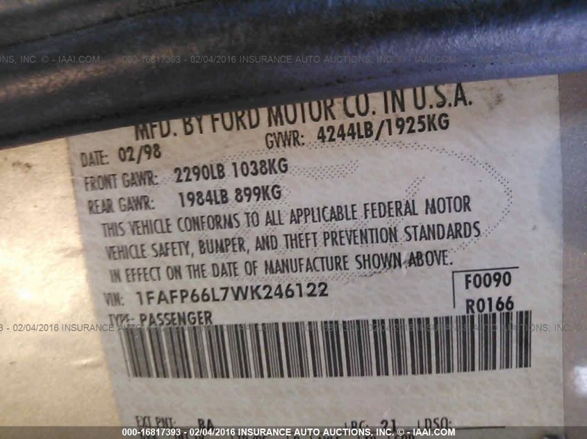 1998 Ford Contour VIN: 1FAFP66L7WK246122 Lot: 16817393