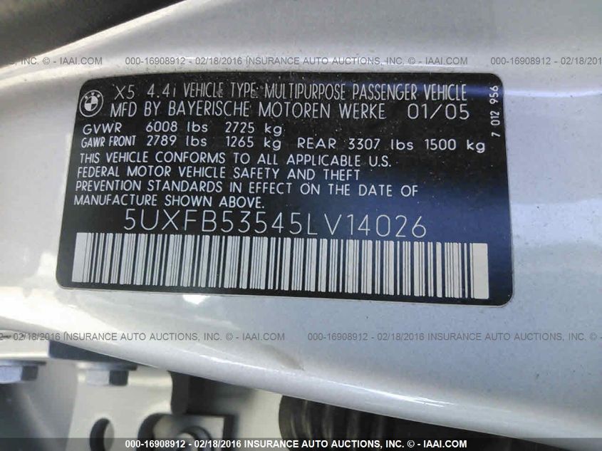 2005 BMW X5 4.4I VIN: 5UXFB53545LV14026 Lot: 16908912