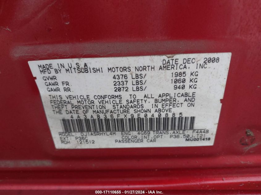 4A3AB36FX9E040885 2009 Mitsubishi Galant Sport Edition/Es