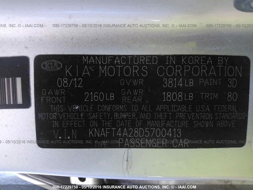 KNAFT4A28D5700413 2013 Kia Forte Lx