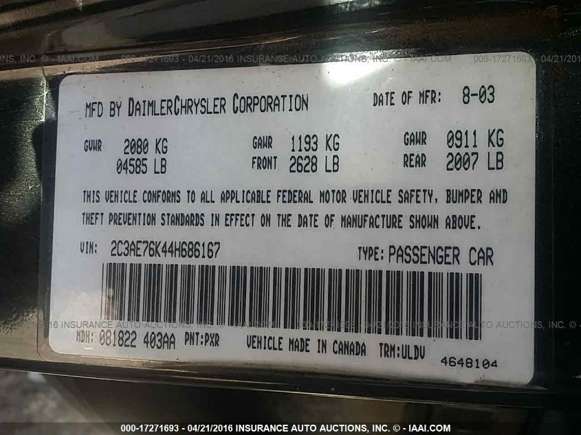 2C3AE76K44H686167 2004 Chrysler 300M Special