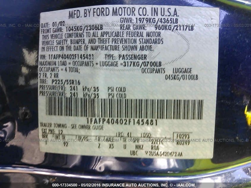 1FAFP40402F145481 2002 Ford Mustang Standard/Deluxe/Premium