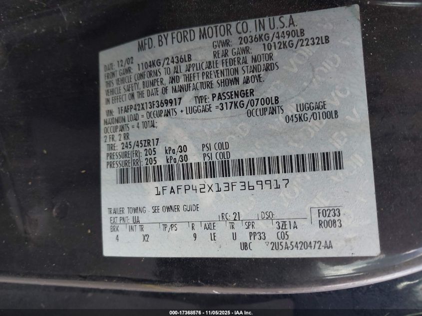 2003 Ford Mustang Gt VIN: 1FAFP42X13F369917 Lot: 17368576