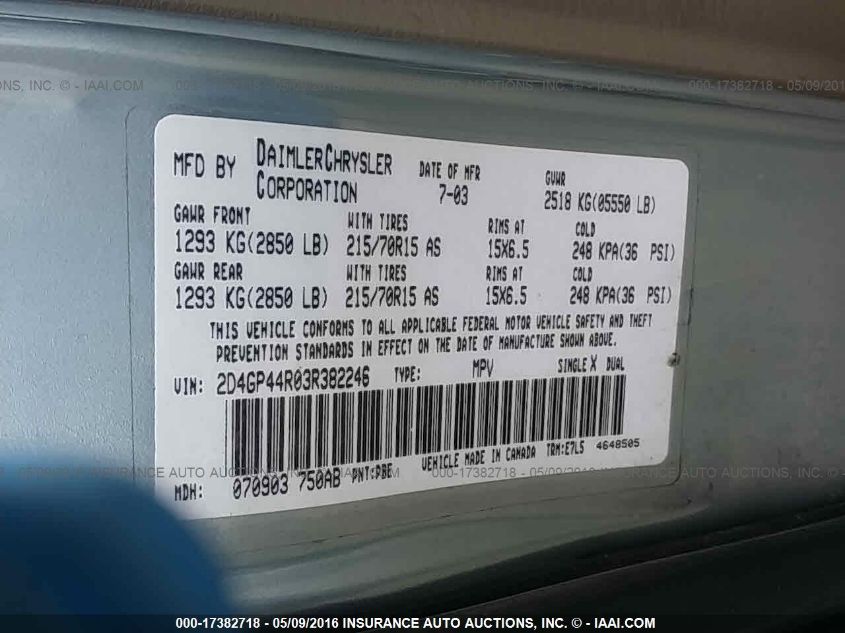 2D4GP44R03R382246 2003 Dodge Grand Caravan Sport