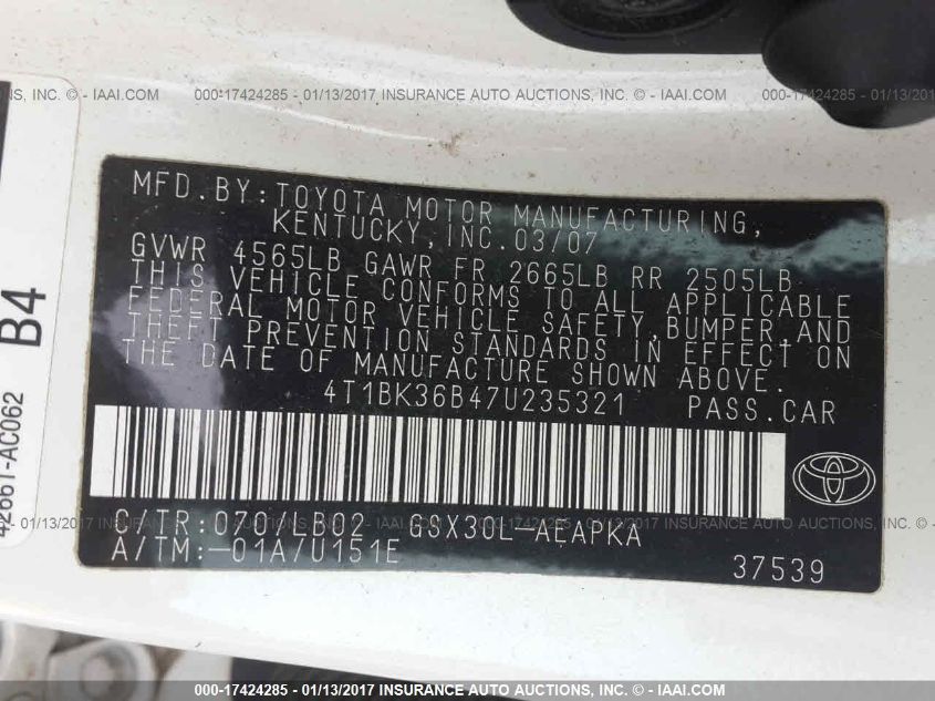 2007 Toyota Avalon Xl/Xls/Touring/Limited VIN: 4T1BK36B47U235321 Lot: 17424285
