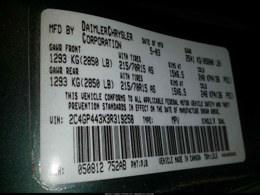 2003 Chrysler Town & Country VIN: 2C4GP443X3R319258 Lot: 1673771