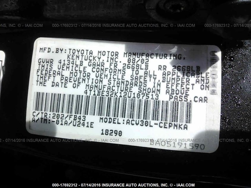 4T1BE32K12U107513 2002 Toyota Camry Le/Xle/Se