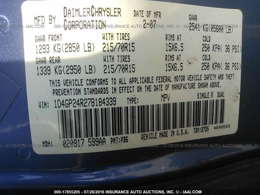 2007 Dodge Grand Caravan Se VIN: 1D4GP24R27B184339 Lot: 17855205