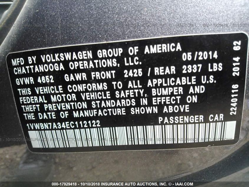 2014 Volkswagen Passat Se VIN: 1VWBN7A34EC112122 Lot: 17929418