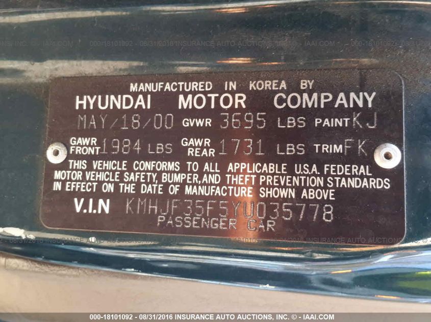 KMHJF35F5YU035778 2000 Hyundai Elantra Gls