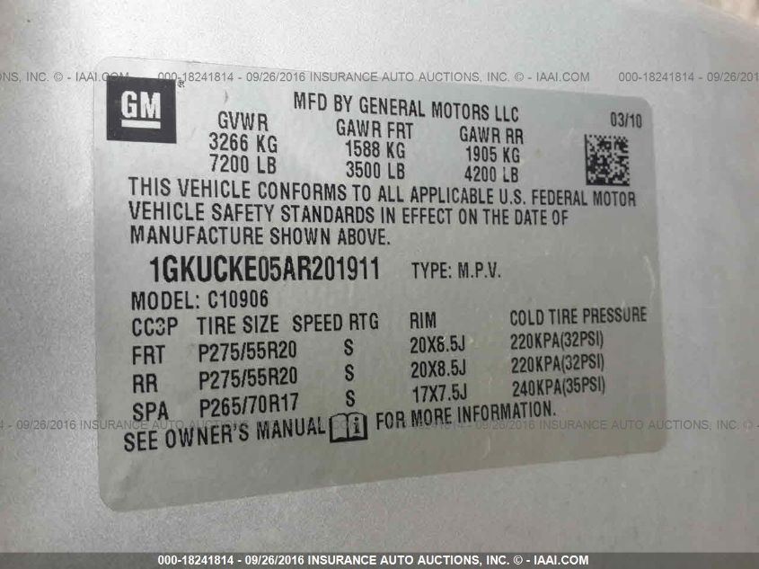 2010 GMC Yukon Xl 1500 Slt VIN: 1GKUCKE05AR201911 Lot: 18241814