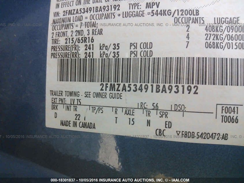 2001 Ford Windstar Sel VIN: 2FMZA53491BA93192 Lot: 18301837