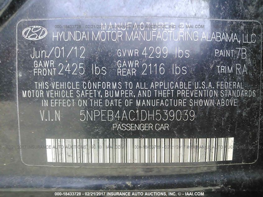 5NPEB4AC1DH539039 2013 Hyundai Sonata Gls