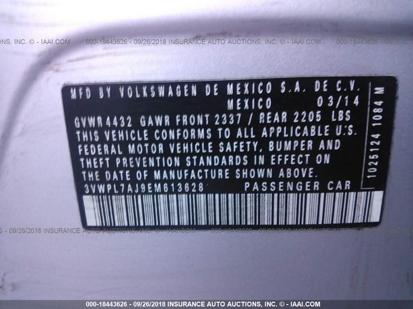 2014 Volkswagen Jetta Tdi VIN: 3VWPL7AJ9EM613628 Lot: 18443626