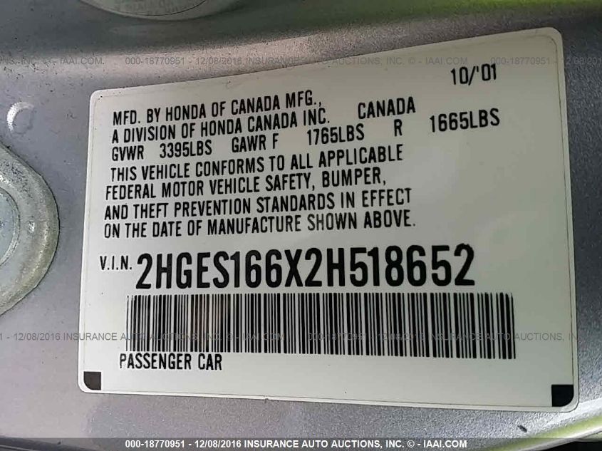 2002 Honda Civic Lx VIN: 2HGES166X2H518652 Lot: 18770951