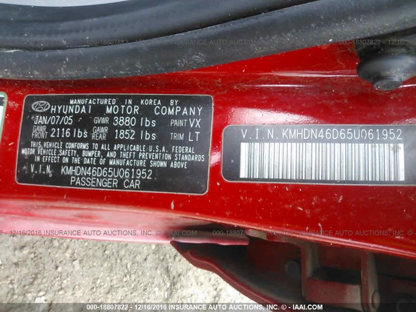 2005 Hyundai Elantra Gls/Gt VIN: KMHDN46D65U061952 Lot: 18807822