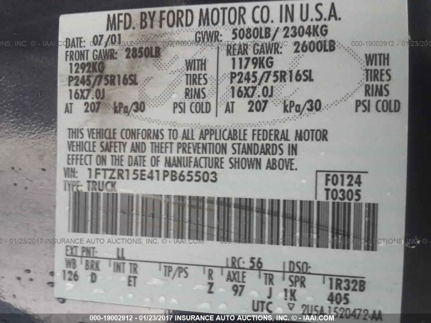 2001 Ford Ranger Xlt/Xlt Off-Rd/Xlt Off-Rd W/391A/Xlt Off-Rd W/394A/Edge/Edge Plus/W/392A/W/393A VIN: 1FTZR15E41PB65503 Lot: 19002912