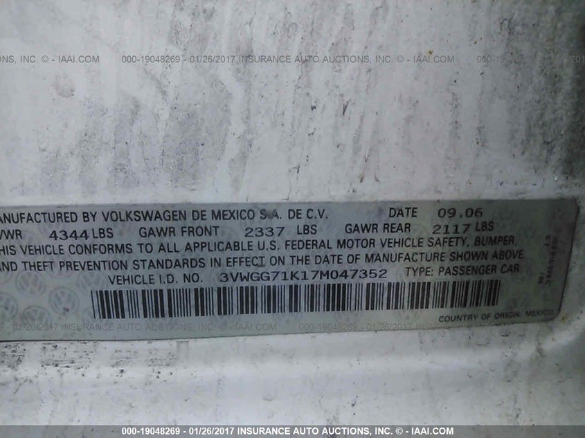 2007 Volkswagen Jetta VIN: 3VWGG71K17M047352 Lot: 19048269