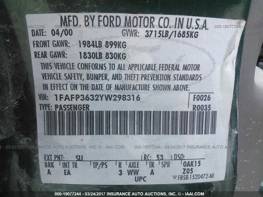 1FAFP3632YW298316 2000 Ford Focus Se